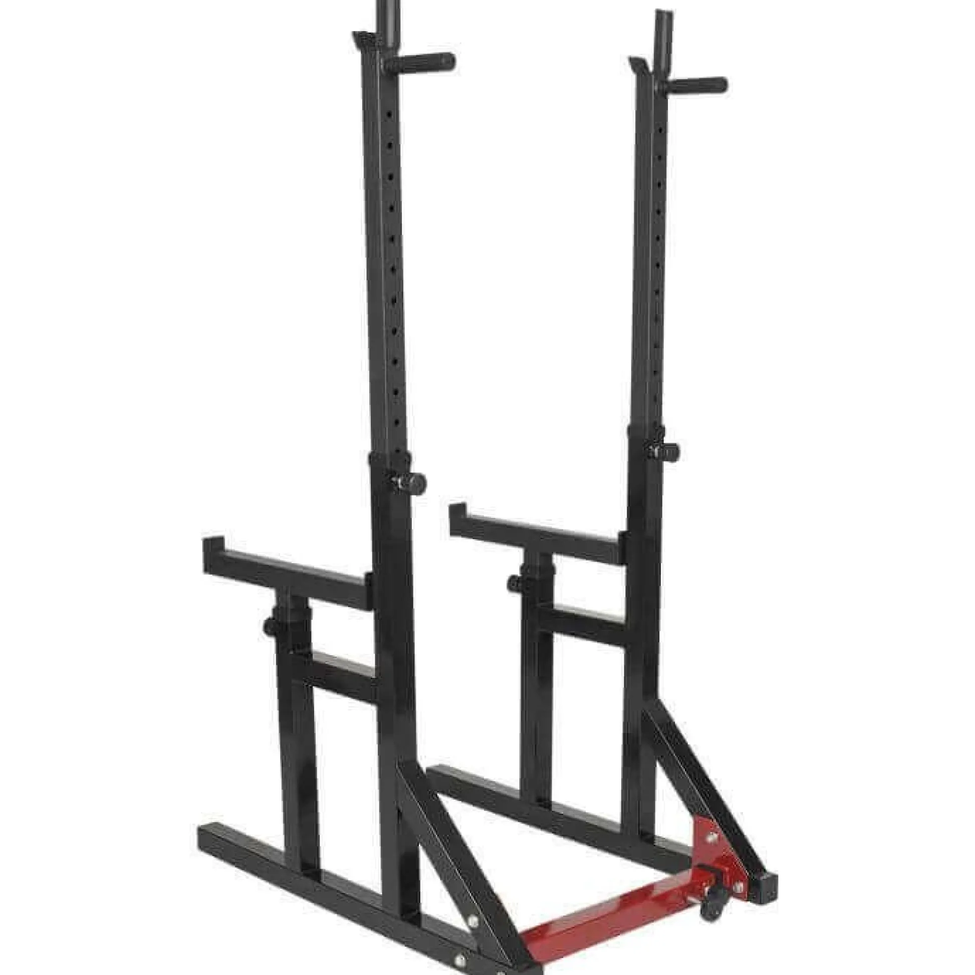 Gorilla Sports Squat Rack verstellbar in Höhe und Breite inkl, Olympia Bumper Plate Langhantel Set 170 kg Schwarz / Rot / Silber Sale