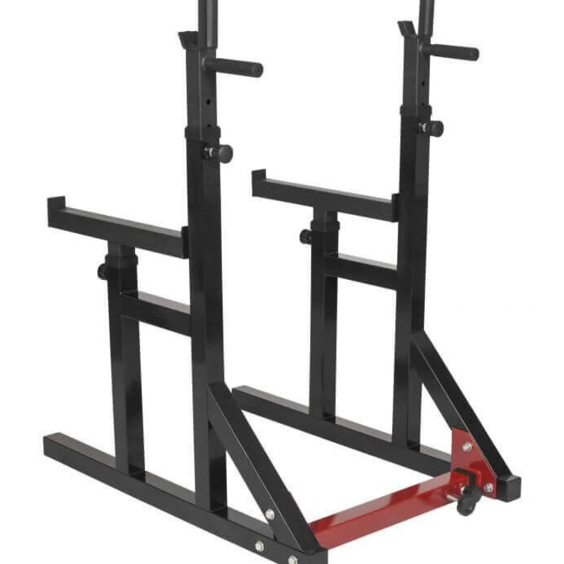 Gorilla Sports Squat Rack verstellbar in Höhe und Breite inkl, Olympia Bumper Plate Langhantel Set 170 kg Schwarz / Rot / Silber Sale