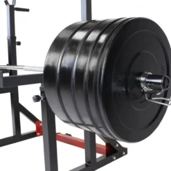 Gorilla Sports Squat Rack verstellbar in Höhe und Breite inkl, Olympia Bumper Plate Langhantel Set 170 kg Schwarz / Rot / Silber Sale