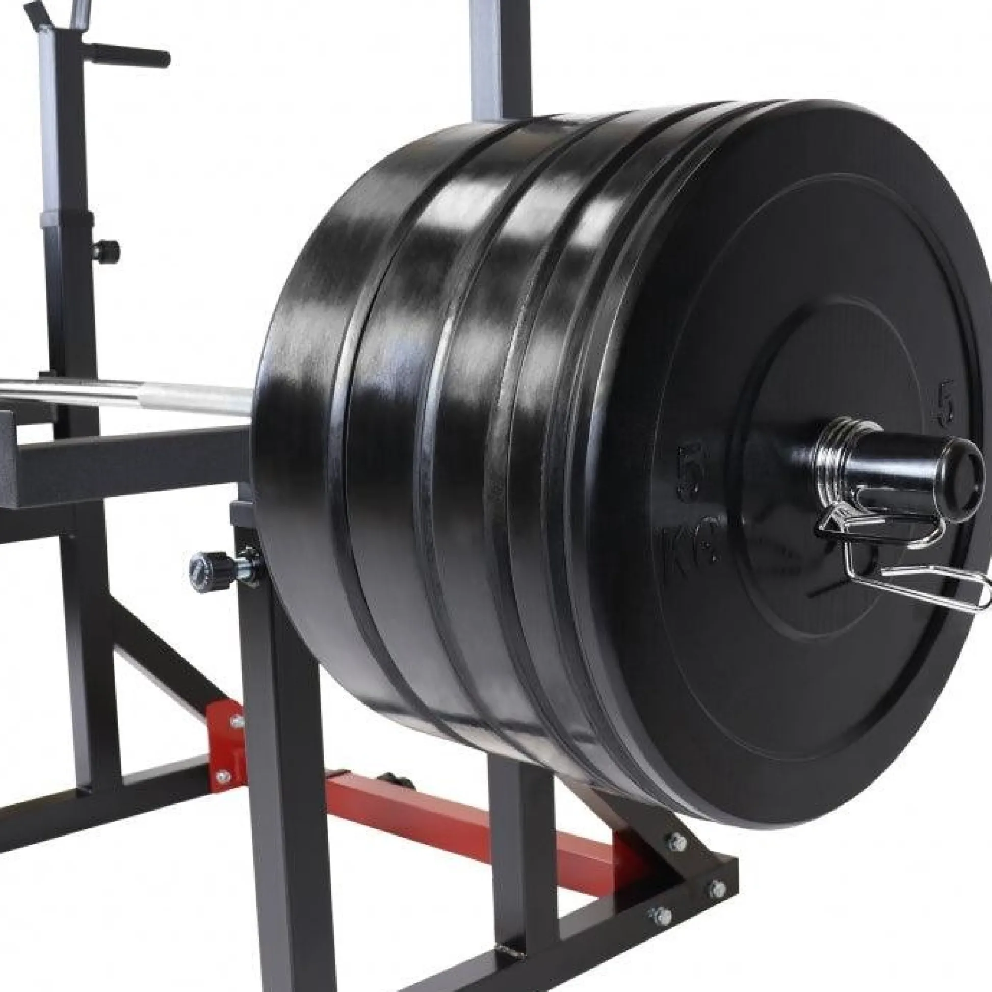 Gorilla Sports Squat Rack verstellbar in Höhe und Breite inkl, Olympia Bumper Plate Langhantel Set 170 kg Schwarz / Rot / Silber Sale