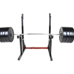 Gorilla Sports Squat Rack verstellbar in Höhe und Breite inkl, Olympia Bumper Plate Langhantel Set 170 kg Schwarz / Rot / Silber Sale