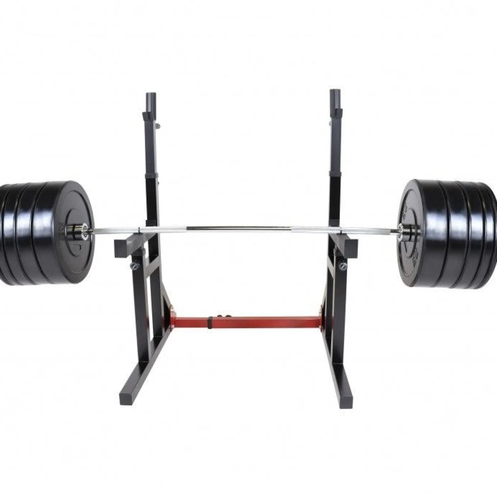 Gorilla Sports Squat Rack verstellbar in Höhe und Breite inkl, Olympia Bumper Plate Langhantel Set 170 kg Schwarz / Rot / Silber Sale