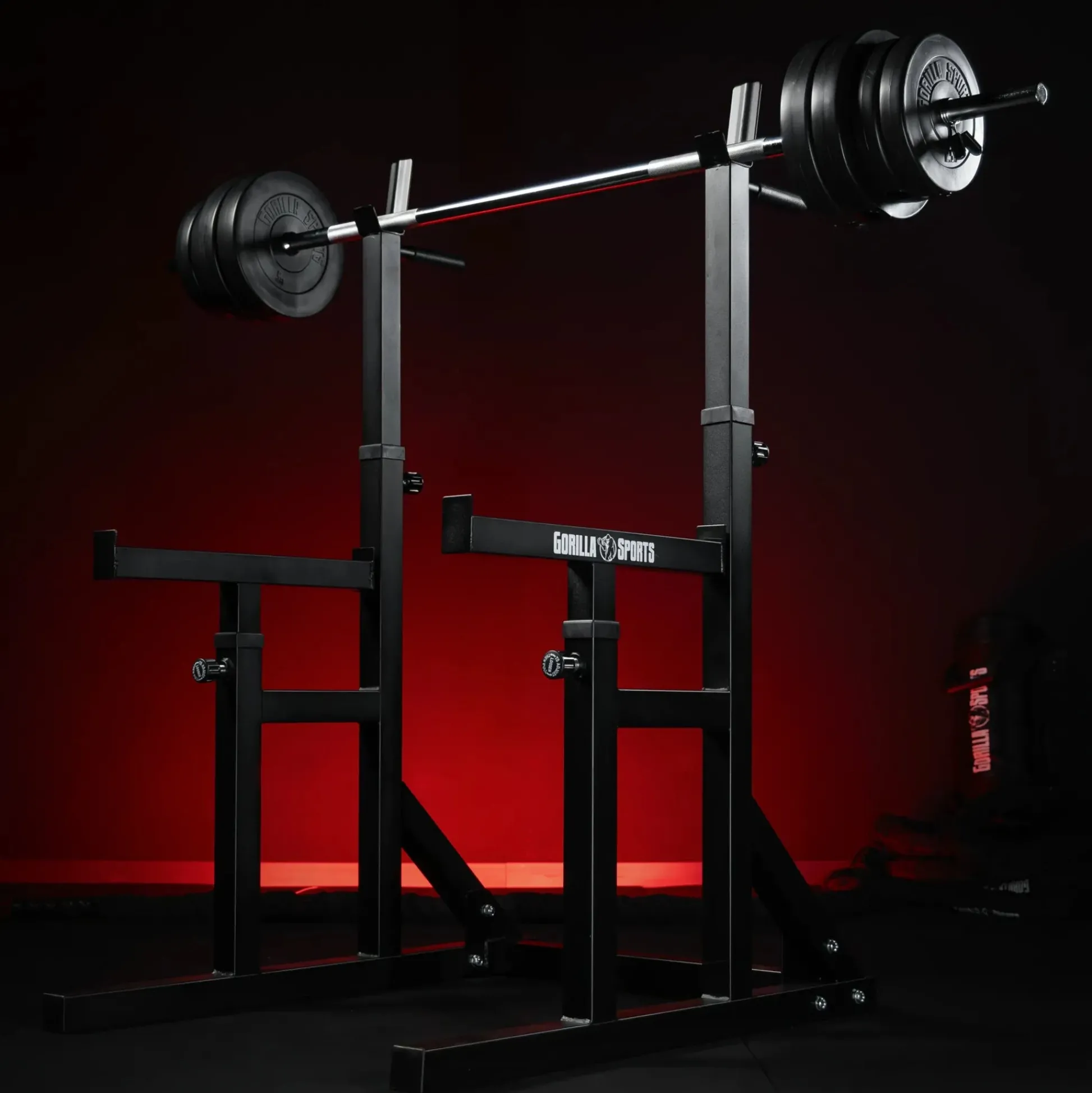 Gorilla Sports Squat Rack verstellbar in Höhe und Breite Schwarz / Rot Clearance