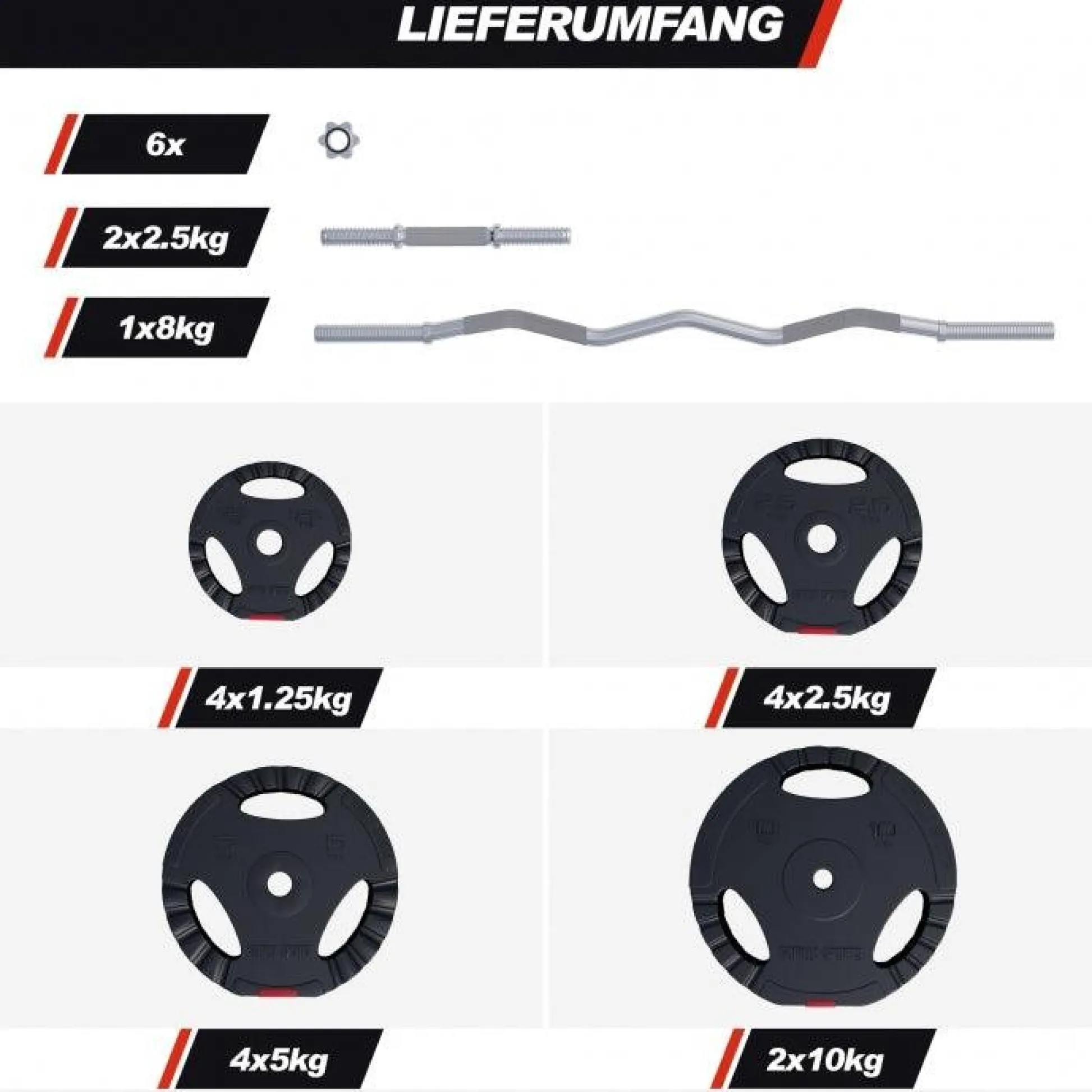 Gorilla Sports SZ-Curlset Kunststoff Gripper 70 kg mit Sternverschlüssen Silber / Schwarz