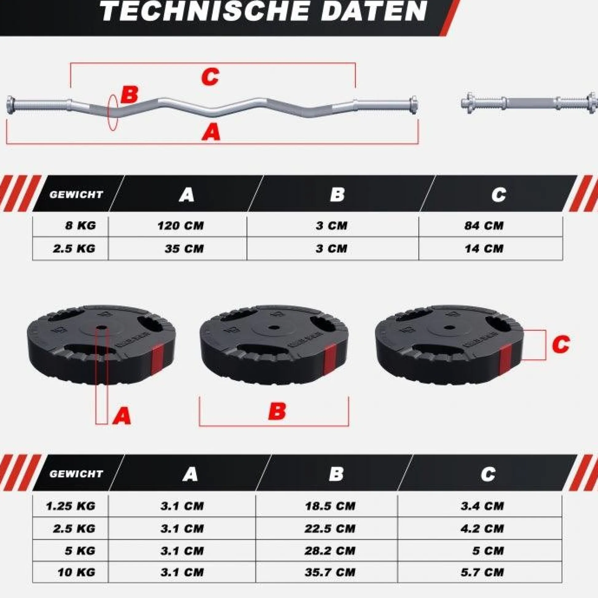 Gorilla Sports SZ-Curlset Kunststoff Gripper 70 kg mit Sternverschlüssen Silber / Schwarz