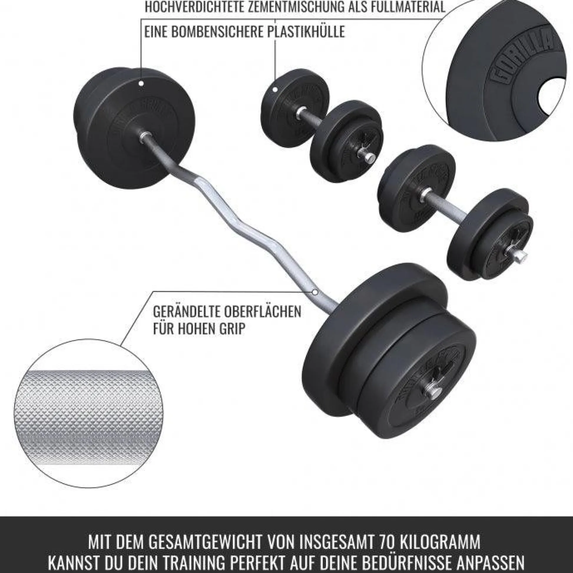 Gorilla Sports SZ-Curlset Kunststoff 70 kg mit Verschlüssen Silber / Schwarz Online