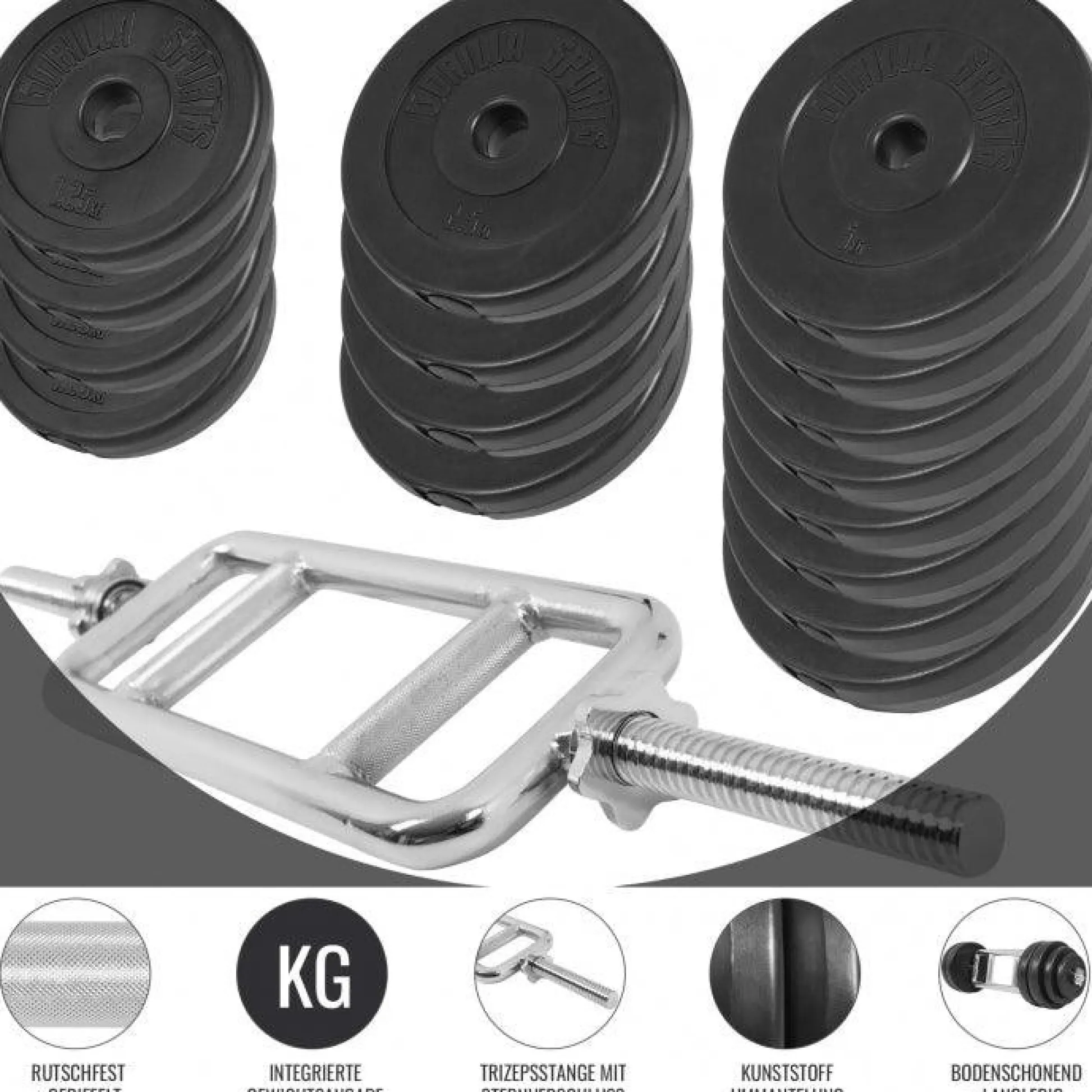 Gorilla Sports Trizepstrainer Set Kunststoff 35 kg mit Sternverschlüssen Silber / Schwarz Hot